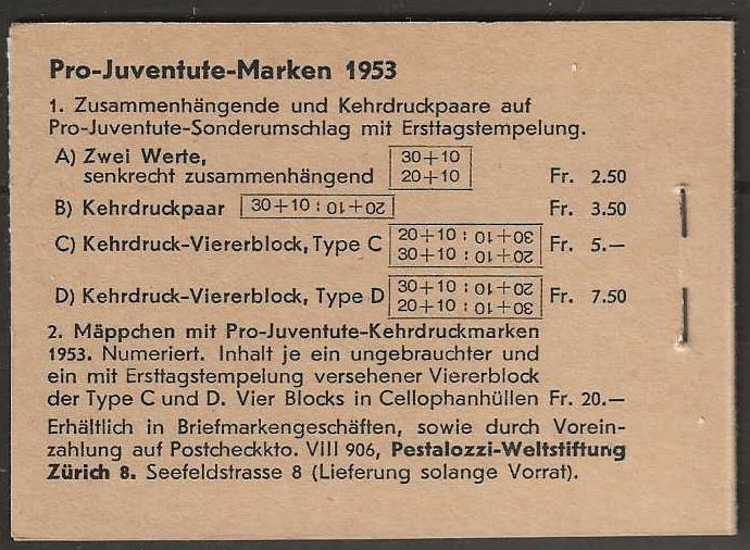 Alle Briefmarken: PJ Markenheftchen 1953, Nr. 2 ** Postfrisch – Neu (gemäss Beschreibung) aus Basel von Bingis 1