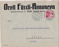 Orell Füssli OF Perfin Firmenbrief 1913 Rollenmarke geschn.