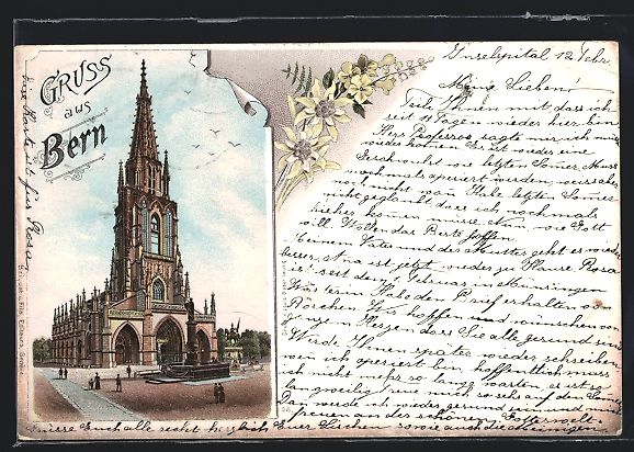 Cartoline postali: Lithographie Bern, Kirche mit Brunnen – Usato da Berlin venduto da bartko-reher