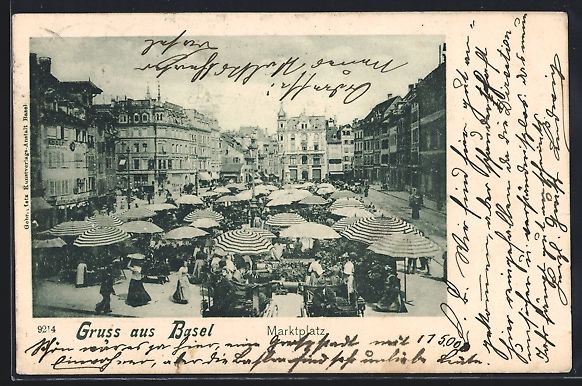 Cartoline postali: AK Basel, Blick auf den Marktplatz, 1902 – Usato da Berlin venduto da bartko-reher