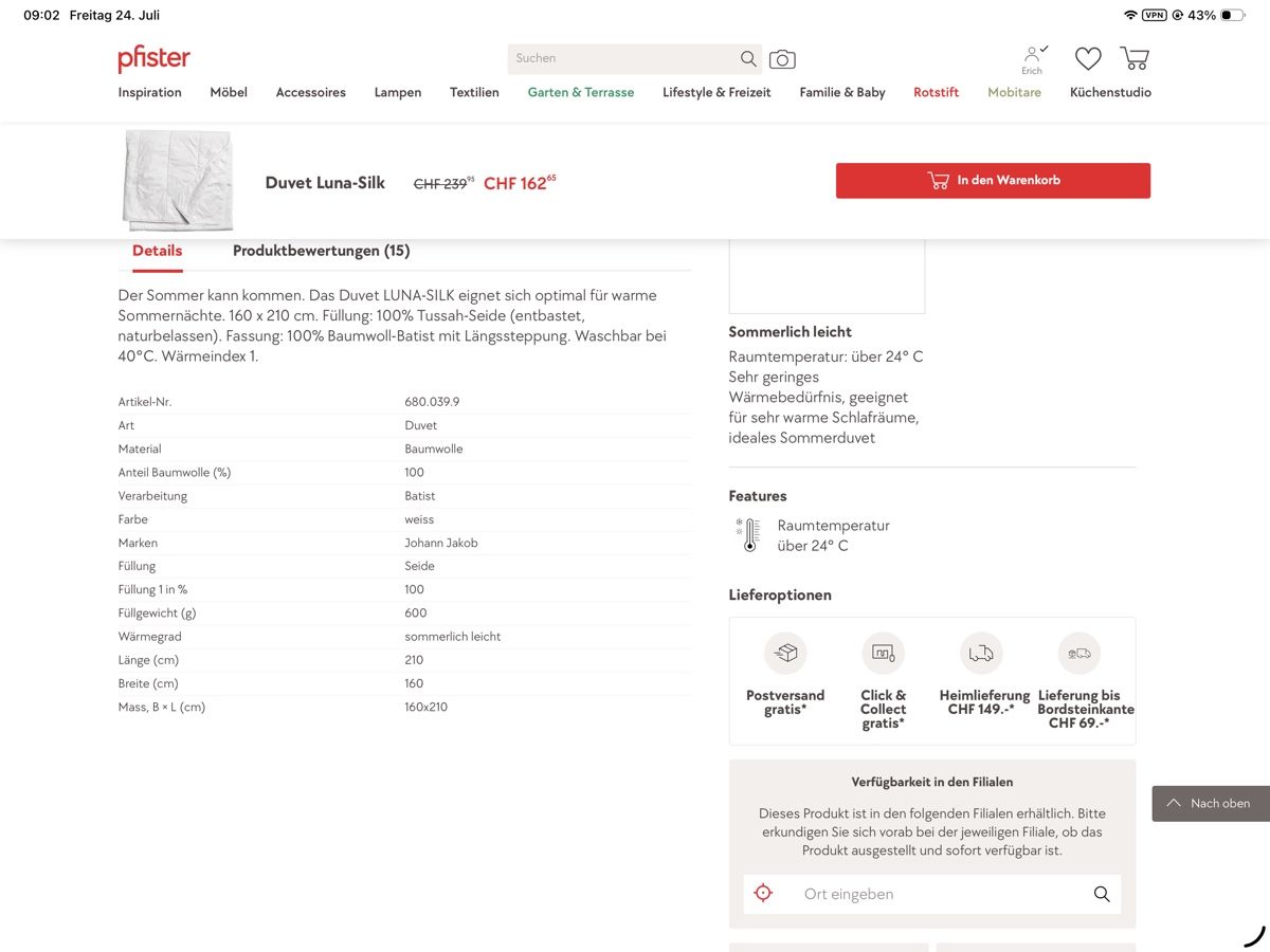 Jako-O Coperte: Sommer Duvet Seide  – Nuovo e nell'imballaggio originale da St. Gallen venduto da Lenox1234 1