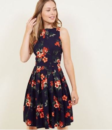 Navy Floral Apricot Summer Dress, Size Small