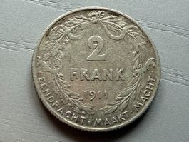 2 Frank 1911 Belgien - Silber 835/1000 - 10 Gramm