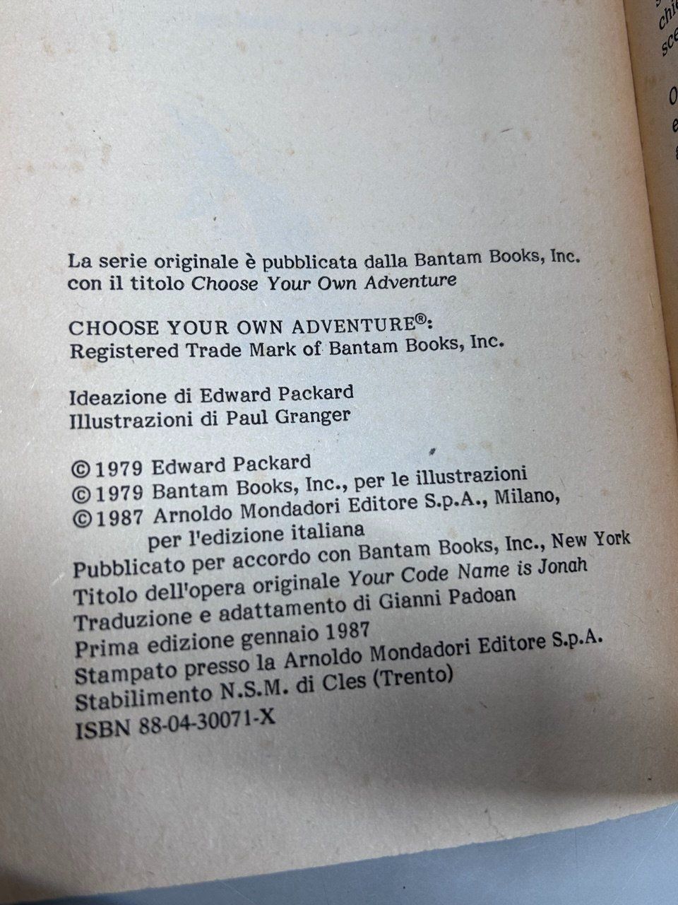 Bücher: N. 3 "Nome in codice: Giona" - Edward Packard 1987 – Gebraucht aus Giubiasco von LorisVale 2