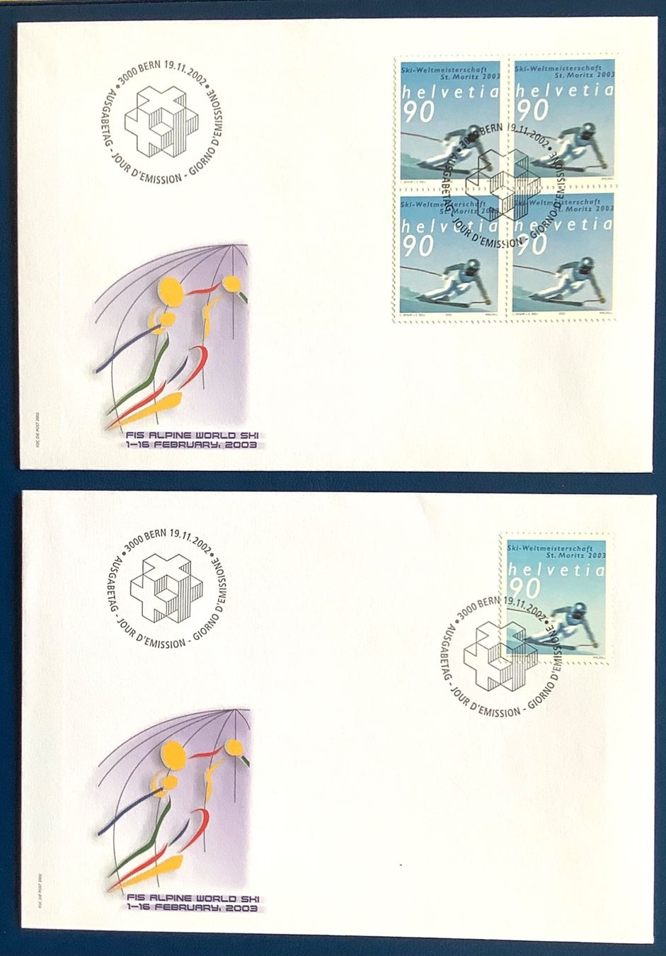 Tutti i francobolli: 2002 FDC Ski Weltmeisterschaft St.Moritz Viererblock+ Einzel – Nuovo (secondo la descrizione) da Liestal venduto da Skunk02