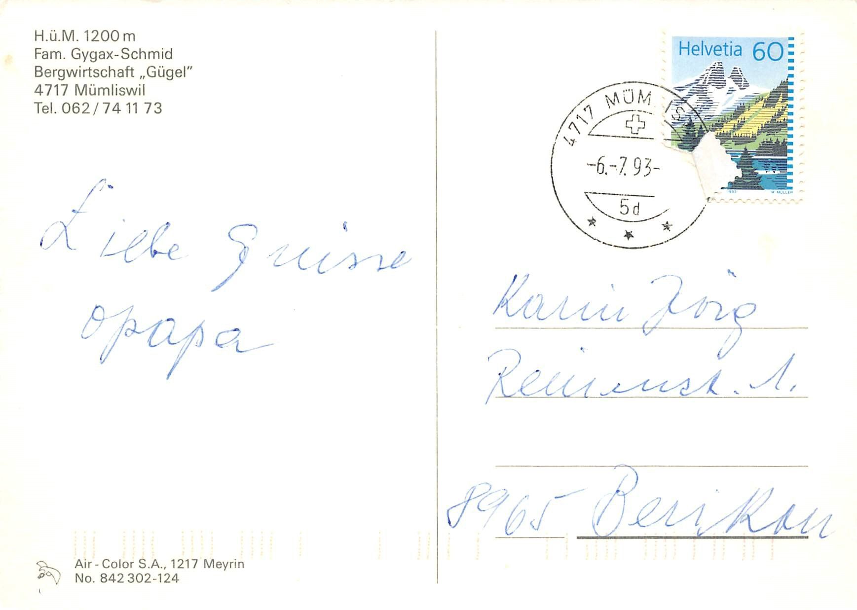 Cartoline postali: Mümliswil, Bergwirtschaft Gügel – Usato da Ottikon b.Kemptth. venduto da Neptun1974 1
