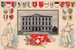 Pfäffikon ZH, Schulhaus Obermatt, Wappen & Figuren geprägt