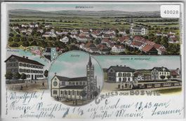 Gruss aus Boswil - Schulhaus, Kirche, Station - Litho