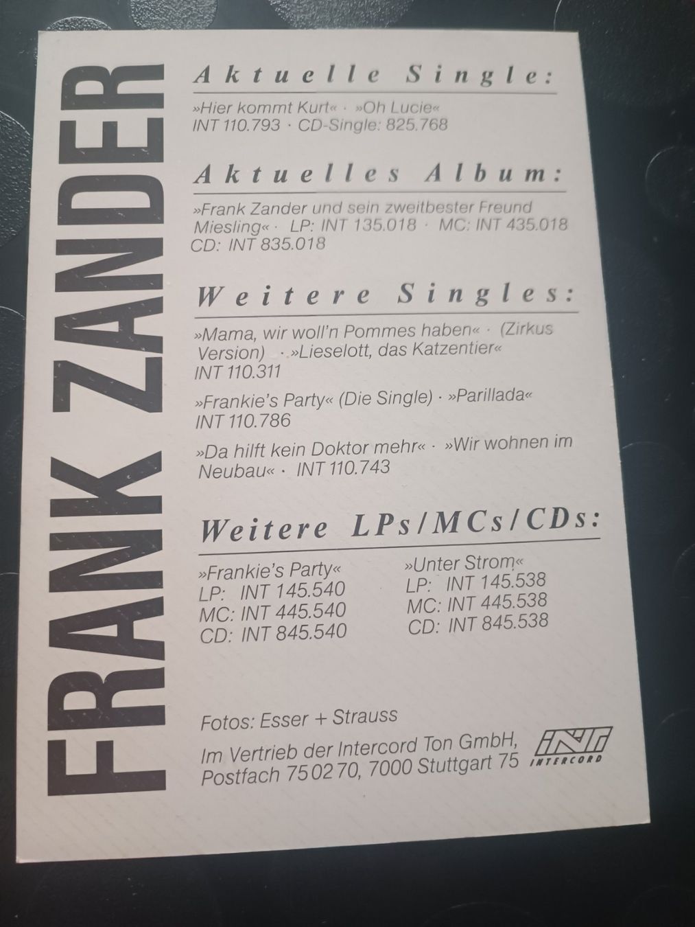 Autografi: Frank Zander - alte Autogrammkarte – Usato da Menziken venduto da Artographs 1