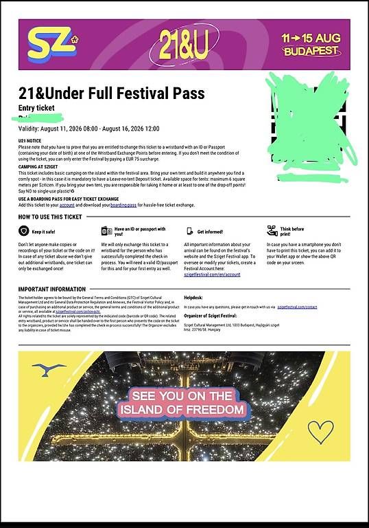 Billets: Sziget Festival pass - Full Pass – D'occasion à Luzern par mar_z8hb