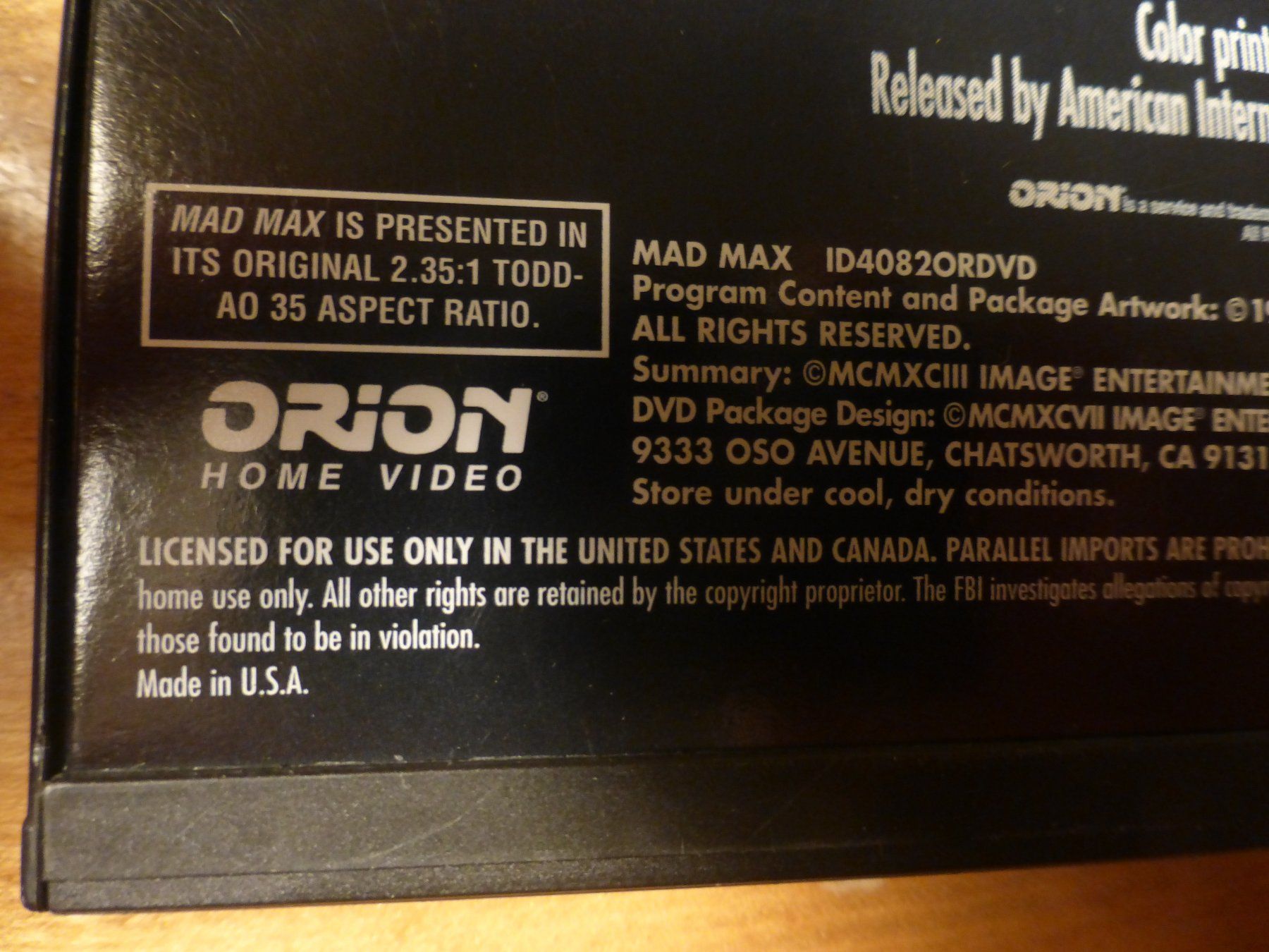 Tutti i DVDs: Mad Max 1 Orion Widescreen Edition Snap Case – Usato da Zumikon venduto da psisound 2