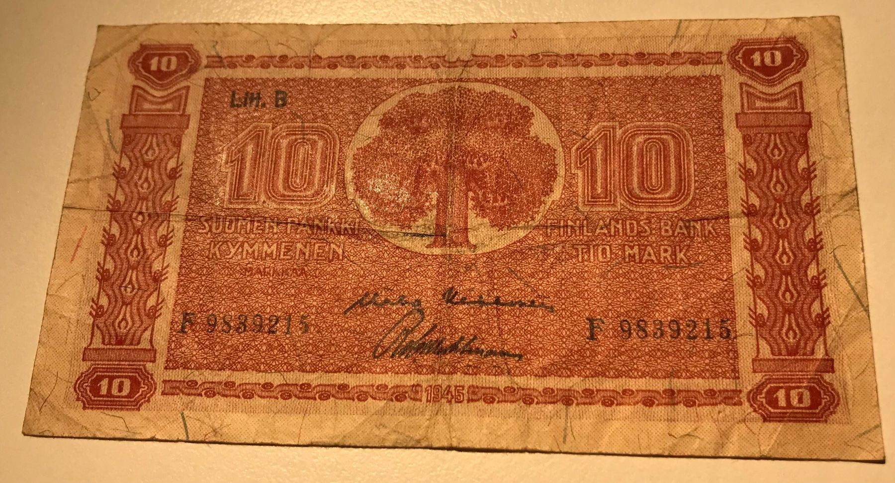 Banconote: Finnland 10 Mark 1945 – Usato da Algetshausen venduto da Carrhard