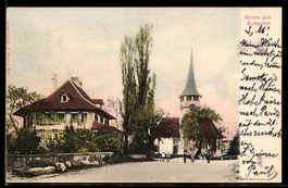 AK Schüpfen, Straßenpartie mit Kirche