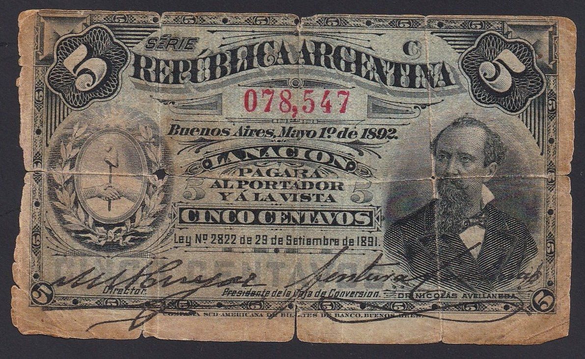 Banknoten: Argentinien 5 Centavos 1892 – Gebraucht aus Brugg AG von banknoten_muesli
