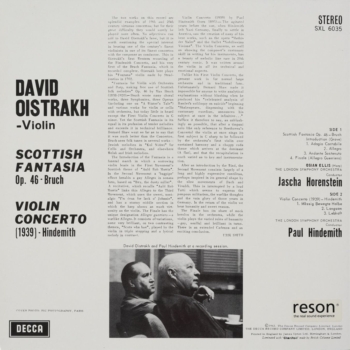 Dischi in vinile: Decca SXL 6035 RI / Bruch / Hindemith / Oistrakh – Nuovo (secondo la descrizione) da Brunnen venduto da Techfreak1 1