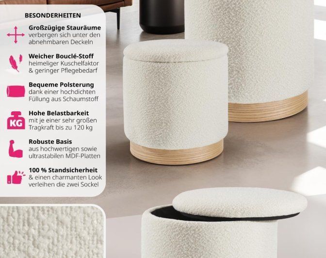 Sgabelli: 2er Set Hocker mit Stauraum Bouclé Sitzhocker AMELIE – Nuovo e nell'imballaggio originale da Lachen SZ venduto da sw3zzy 2