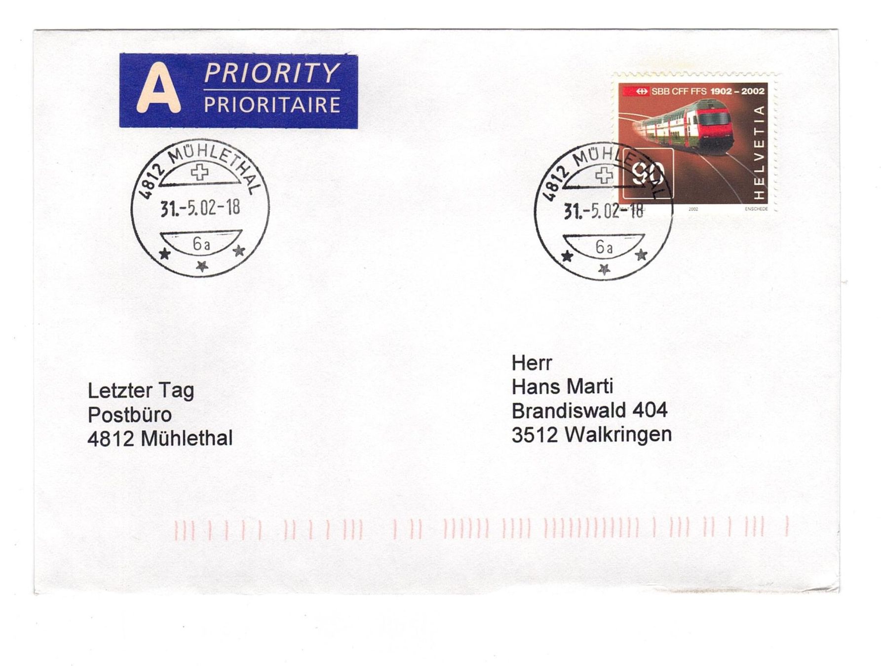 Tous les timbres: Letztagsbrief:  Poststelle 4812 MÜHLETHAL – D'occasion à Büetigen par philat