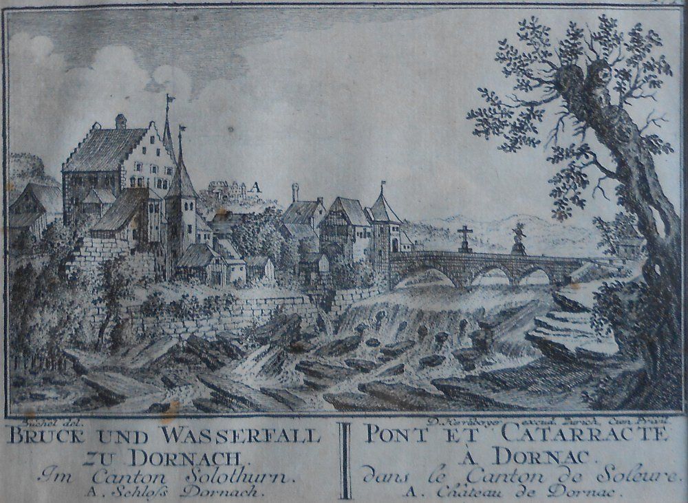 Incisioni: Dornach. Brücke und Wasserfall. Kupferstich von ca 1750. – Usato da Basel venduto da Domba 1