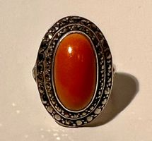 Ancienne bague argent, corail, marcassites, doigt 51