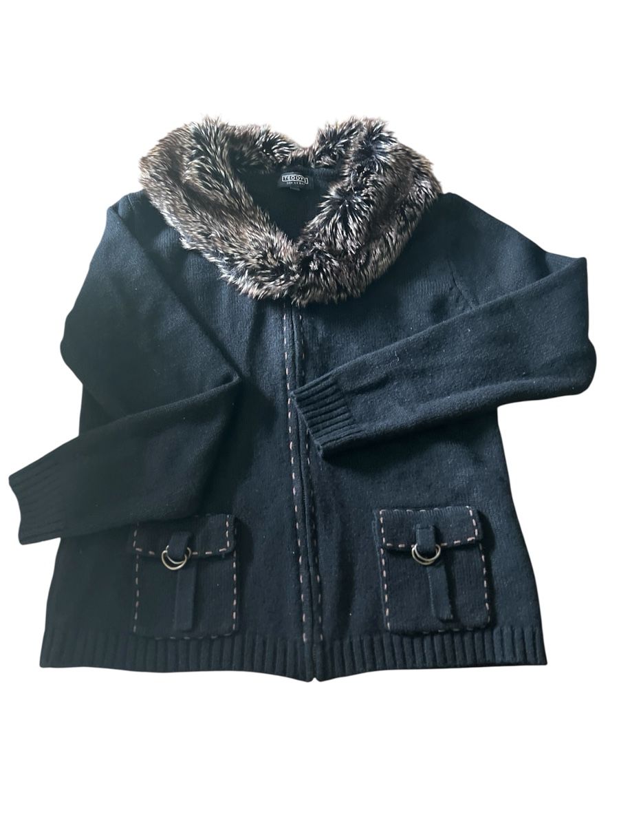 Giacche: Schwarzer Damen-Strickjacke mit Pelzkragen, Grösse L – Nuovo e nell'imballaggio originale da Suhr venduto da Checkitout