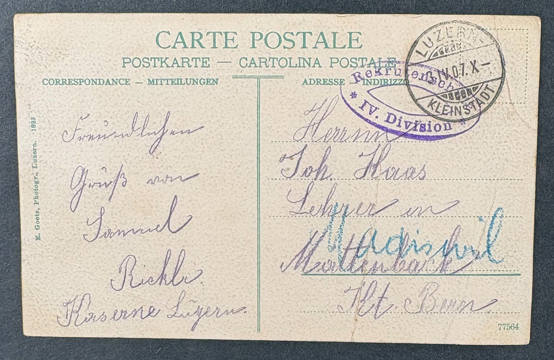 Cartoline postali: ANSICHTSKARTE SCHWEIZER ARMEE 1907 KASERNE LUZERN – Usato da Ostermundigen venduto da Heavenmaus75 1