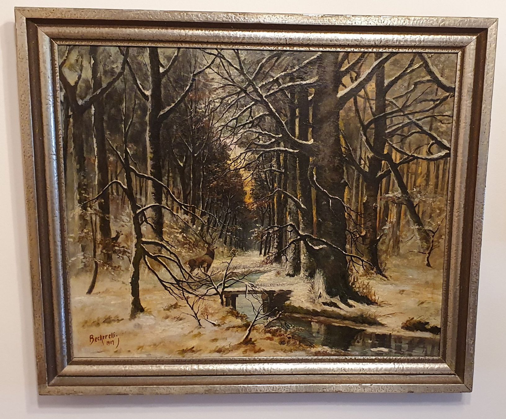Dipinti: Gemälde -  Jean Beckerelli  "Winterlandschaft mit Hirsch" – Usato da Kreuzlingen venduto da Rschweiz1