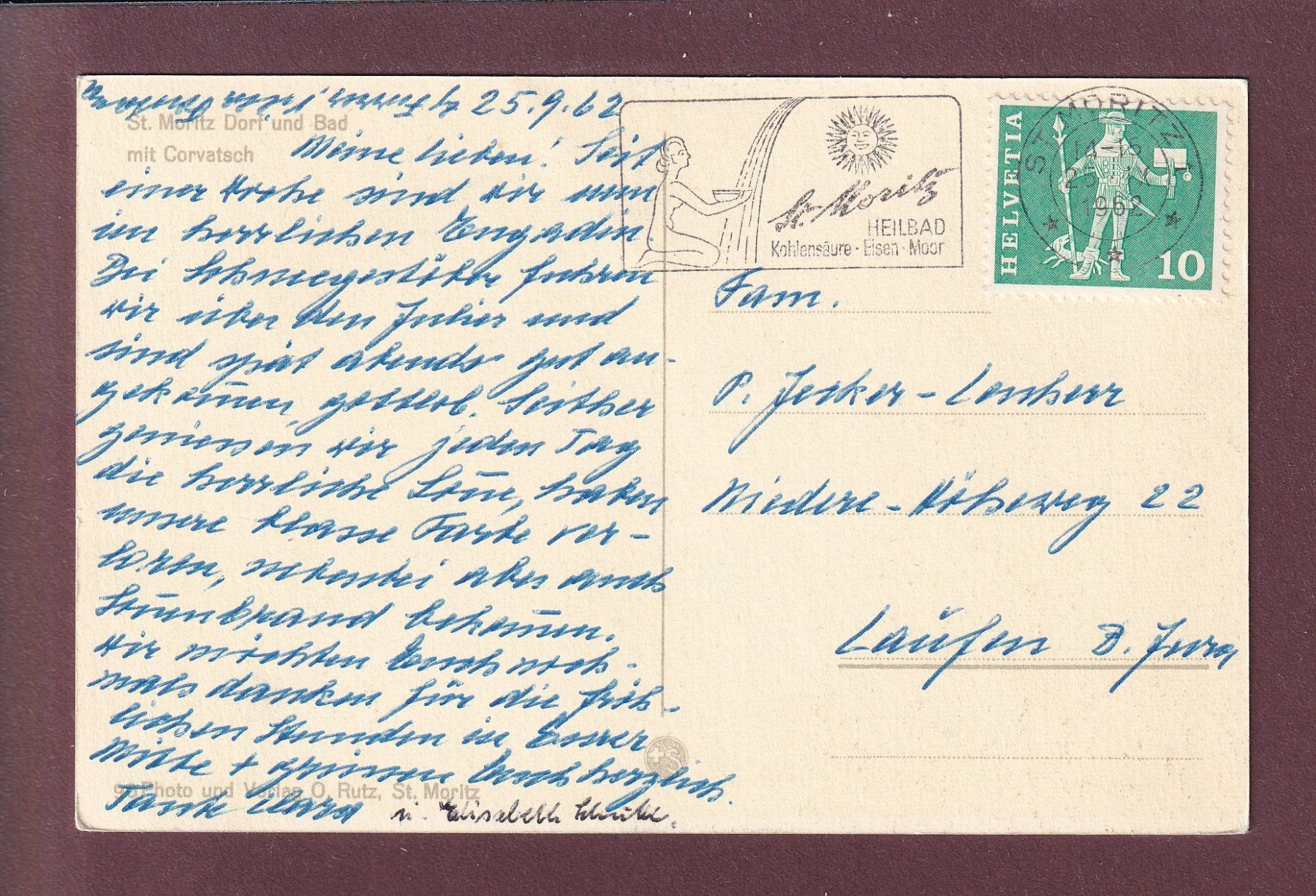 Cartoline postali: ST. MORITZ Dorf und Bad - Corvatsch - 1962 – Usato da Pully venduto da nicecards 1
