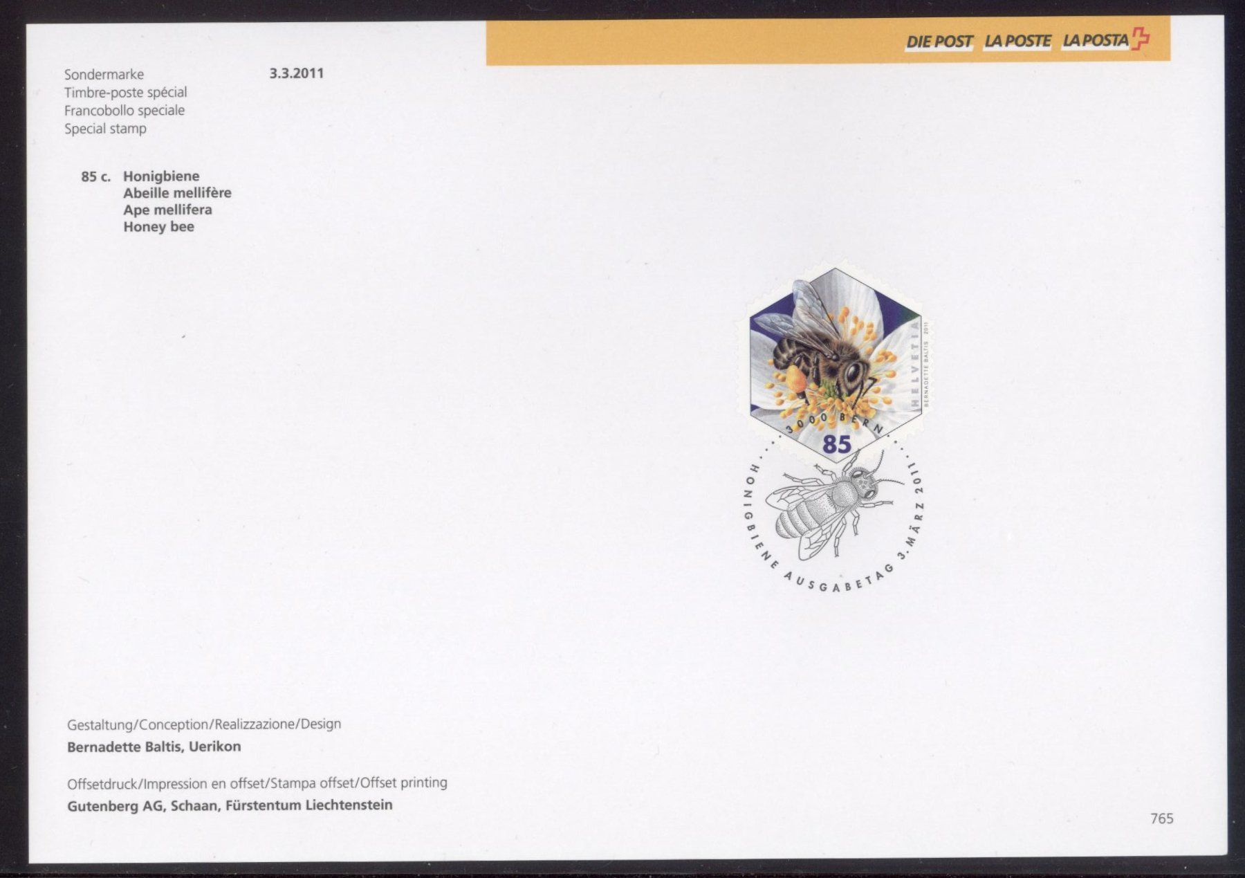 Alle Briefmarken: 2011, Sammelblatt, Honigbiene, Nr. 765 – Gebraucht aus Willisau von Vollstempel