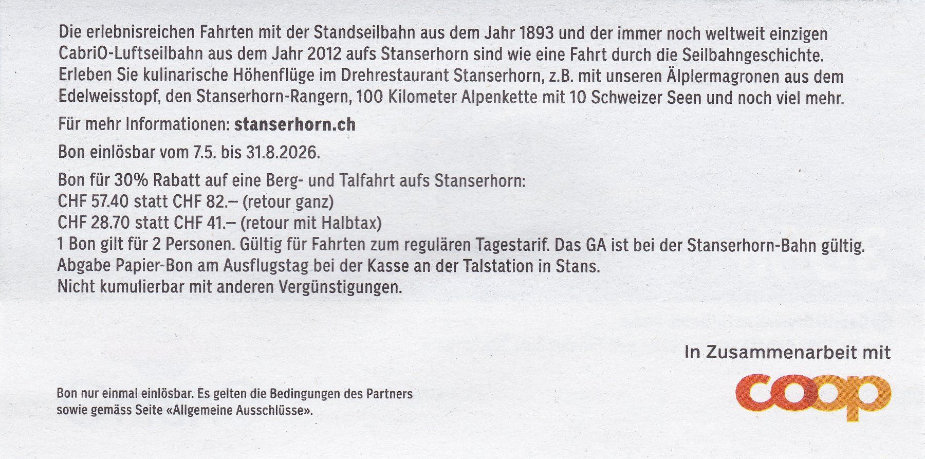 Buoni: Bon Stanserhorn Cabrio 30% Rabatt – Nuovo (secondo la descrizione) da Schliern b. Köniz venduto da joni20 1