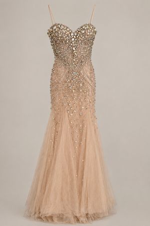 Abendkleid Champagner mit Strass & Pailletten – Elegant –