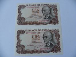 Spanien 100 Pesetas 1970, 2 Noten, Wie Neu Zustand, Rarität