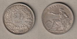 Grosser Fünfliber 1851 sitzende Helvetia vorzüglich