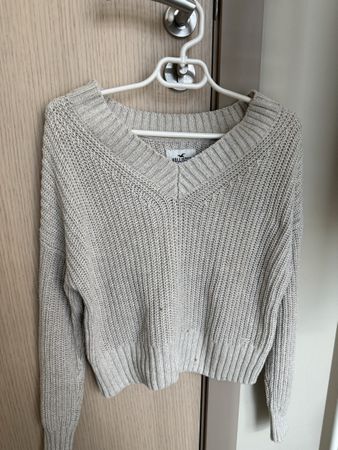 Hollister Damen Pullover beige V-Ausschnitt grob gestrickt