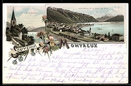 Lithographie Montreux, Panorama et la vieille Eglise