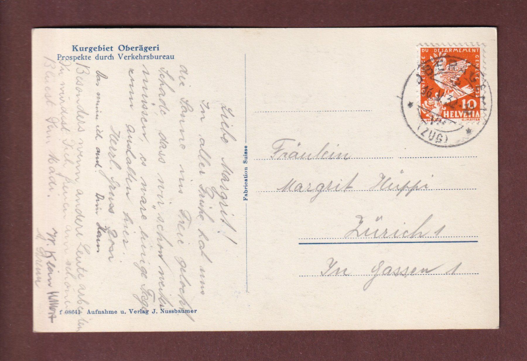 Cartoline postali: OBERÄGERI - 1932 – Usato da Pully venduto da nicecards-shop 1