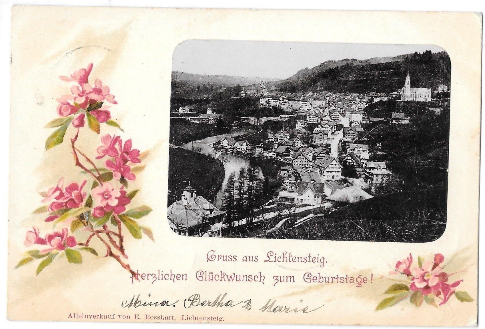 Cartes postales: Lichtensteig Ansicht verziert mit Blumen – D'occasion à Olten par clotaldi