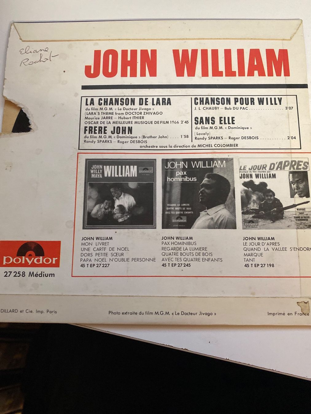 Dischi in vinile: JOHN WILLIAM - LA CHANSON DE LARA - 45 tours – Usato da Le Brassus venduto da cinema13 1