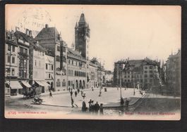.Basel , Rathaus und Marktplatz ,belebt Fuhrwerk , gel. 1911
