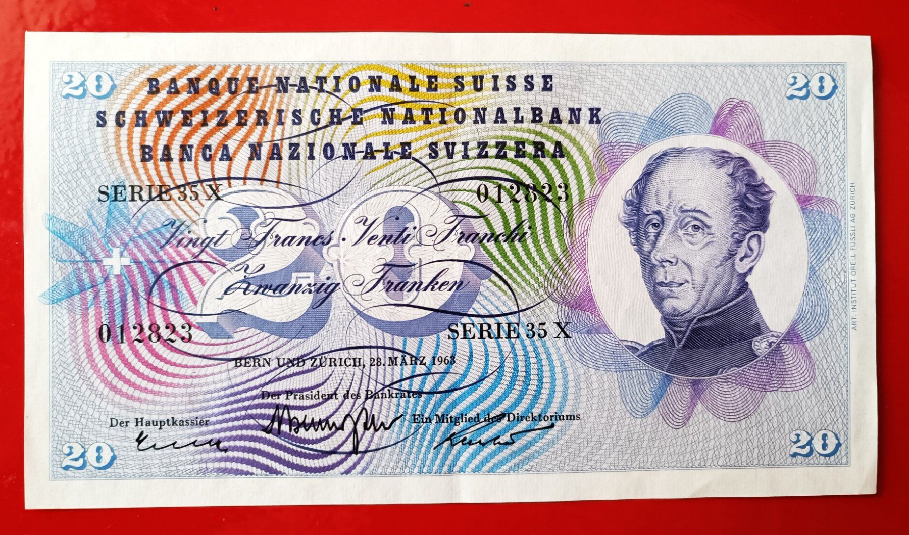 Banknoten: Schweizer NOTE 20  FR Typ General Dufour  28 März 1963 Bern – Gebraucht aus Glis von MYS-Wallis2020 2