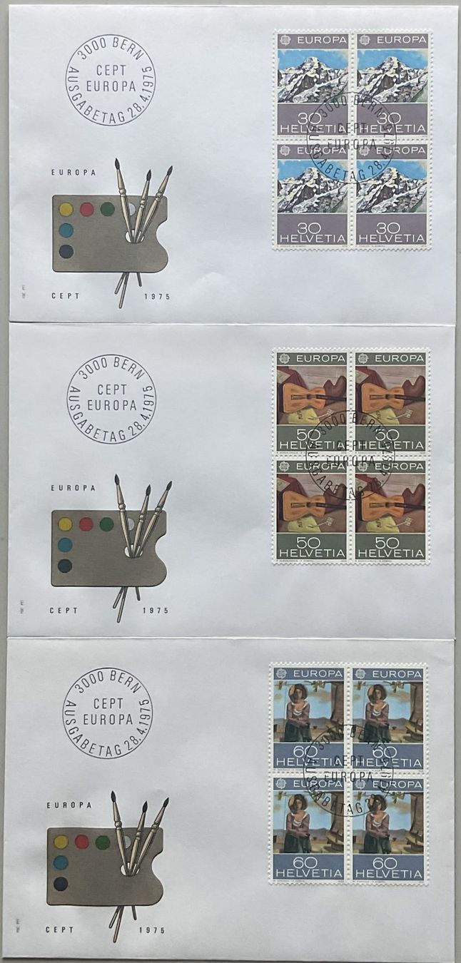 Alle Briefmarken: FDC 1975 - Einzelmarken und Viererblöcke – Neu (gemäss Beschreibung) aus Luzern von 19primeln