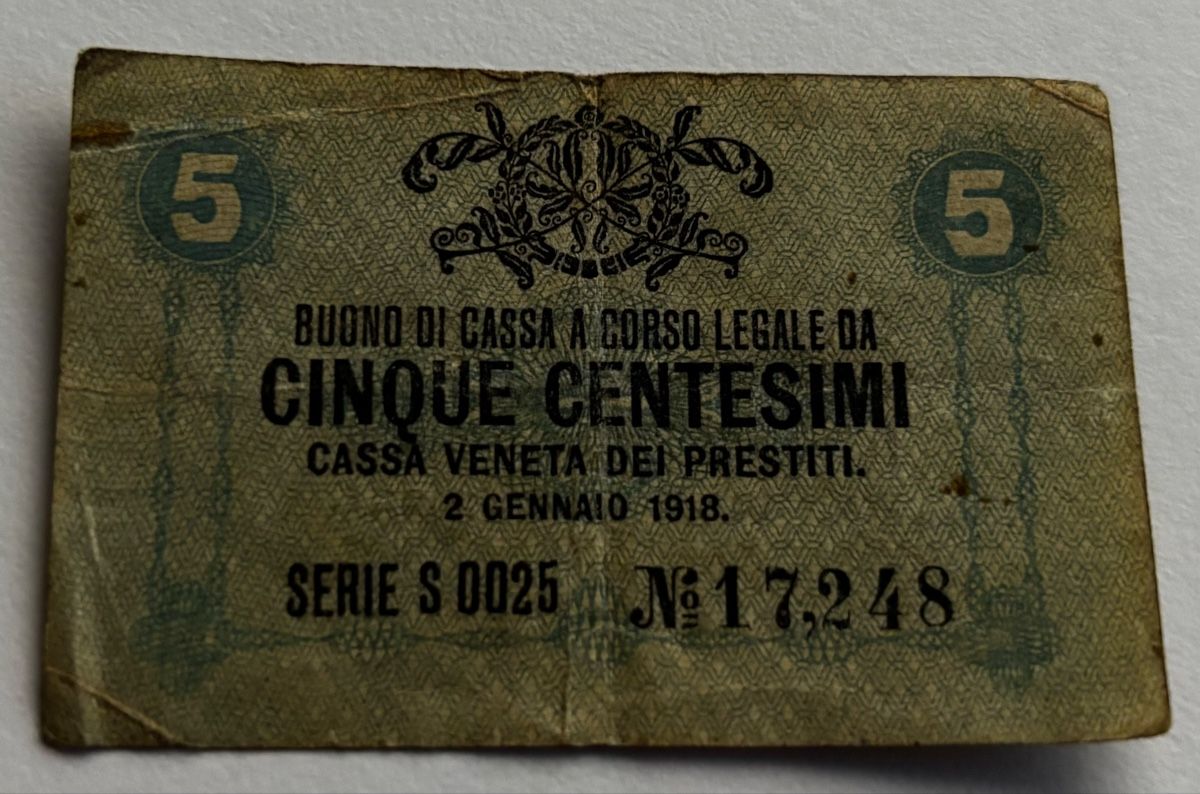 Banconote: Italien 5 Centesimi 1918 – Usato da Algetshausen venduto da Carrhard