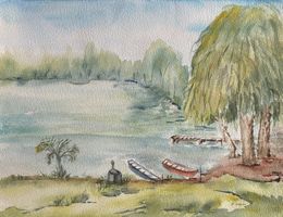 Maria Fischer Walpen, Aquarell, Seeufer, Boote