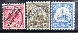 Deutsch-SÜDWESTAFRIKA: 10 Pf. 1898, 3+20 Pf. 1907/11, O