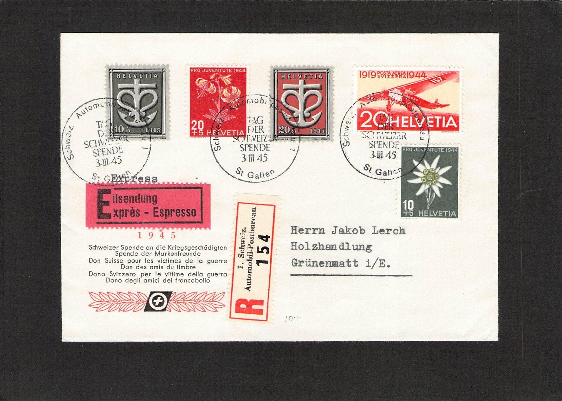 Alle Briefmarken: Eilsendung mit Mischfrankatur , 3.lll.1945 – Gebraucht aus Reichenburg von Pipo-67