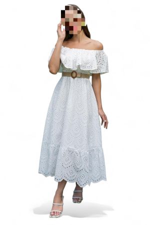 Weißes Baumwoll‑Sommerkleid Damen S/M – Schulterfrei, Broder