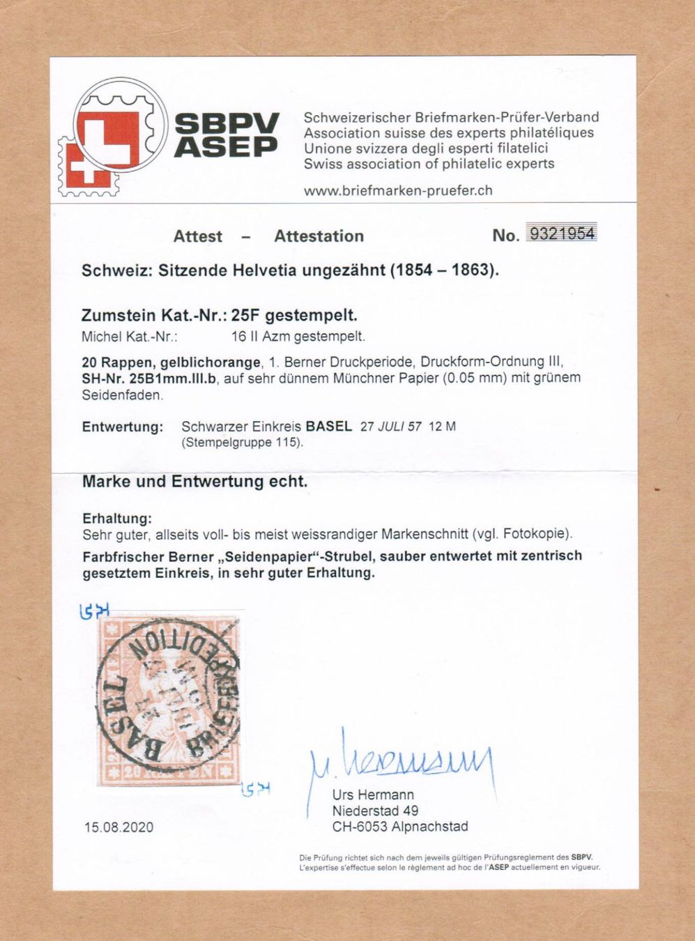 Tous les timbres: Strubel Nr.25F - Attest Hermann – D'occasion à Bern par peri02 2