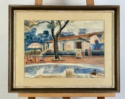 Aquarell um 1935 – Haus mit Garten und Teich, Rahmen