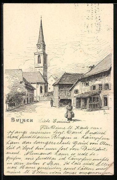 Cartoline postali: Bülach, Ortspartie mit Kirche, 1917 – Usato da Berlin venduto da bartko-reher