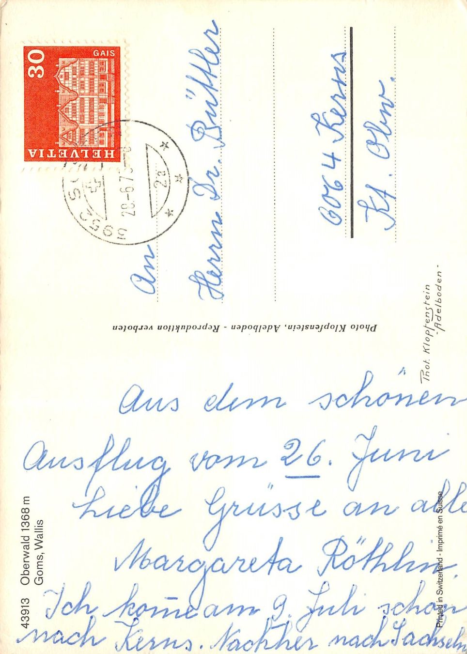 Cartoline postali: Oberwald Goms – Usato da Ottikon b.Kemptth. venduto da Neptun1974 1