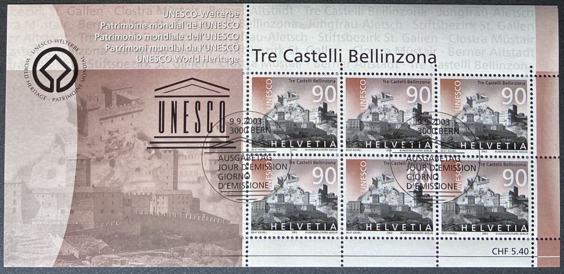 Tutti i francobolli: Schweizer Kleinbogen 2003 UNESCO-Welterbe – Usato da Böckten venduto da Hansi36 1